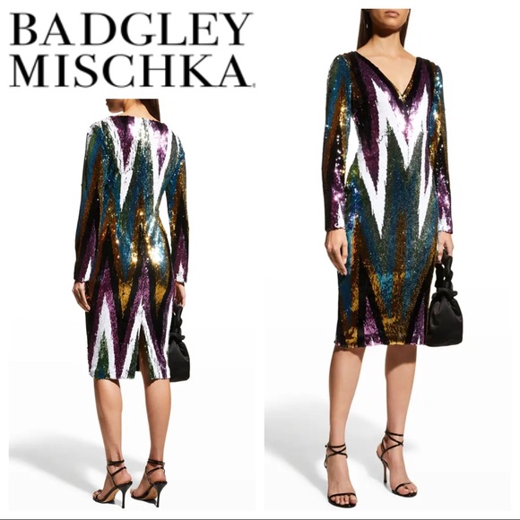 BADGLEY MISCHKA Stretch Sequin Chevron Party Dress - Picture 1 of 15